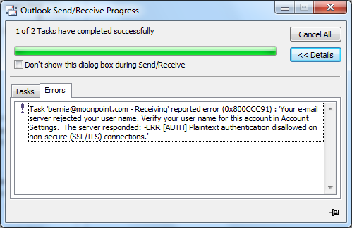 Outlook 2010 plaintext
authentication disallowed