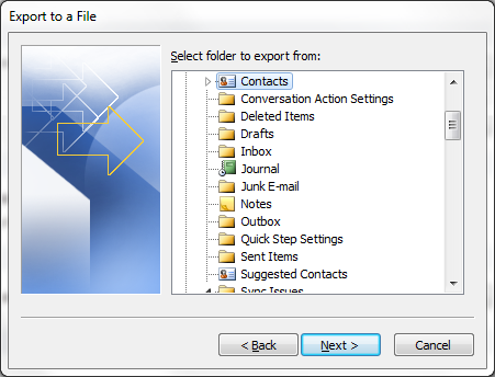 Outlook 2010 select export folder