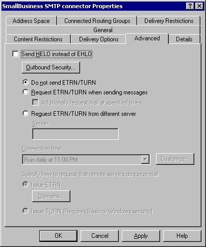 SmallBusiness SMTP
connector advanced properties