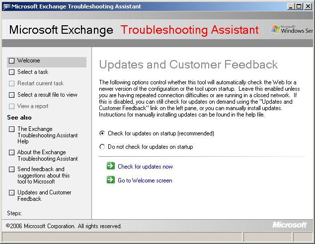 Exchange Troubleshooting Assistant check
for updates
