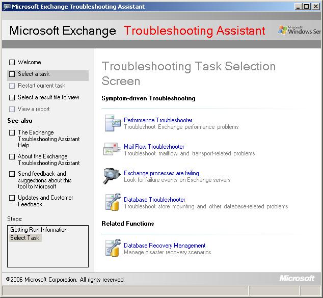 Exchange Troubleshooting 
Assistant task selection