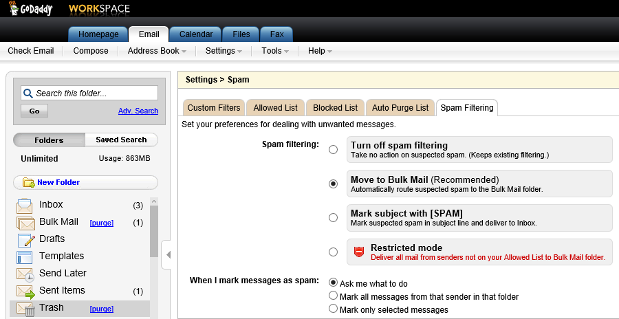 GoDaddy spam settings