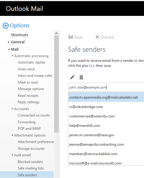 Outlook Mail new safe sender
