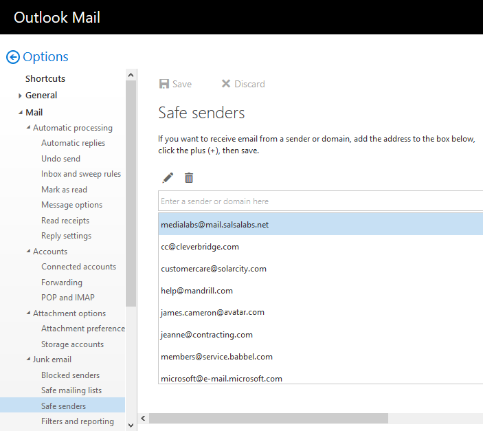 Outlook Mail safe senders