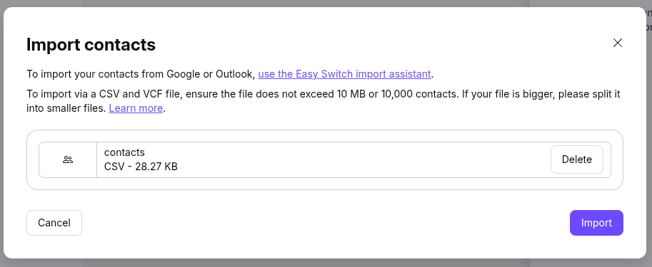 Proton Mail - Import contacts CSV file