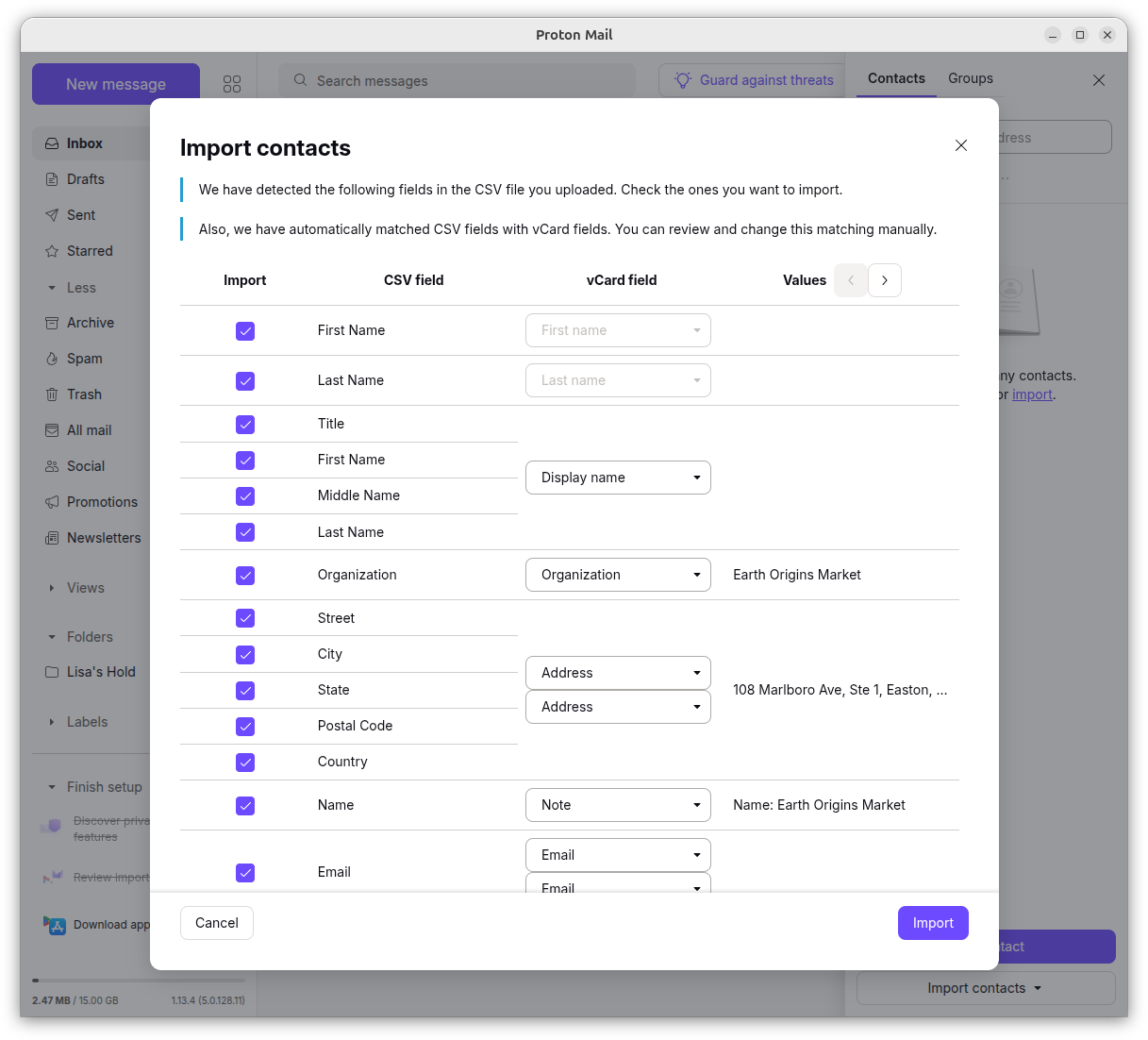Proton Mail - Import contacts 
details