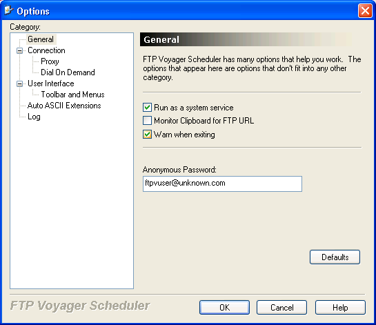 FTP Voyager Scheduler Options