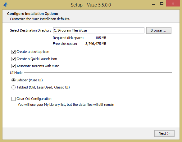 Vuze 5.5.0.0 installation options