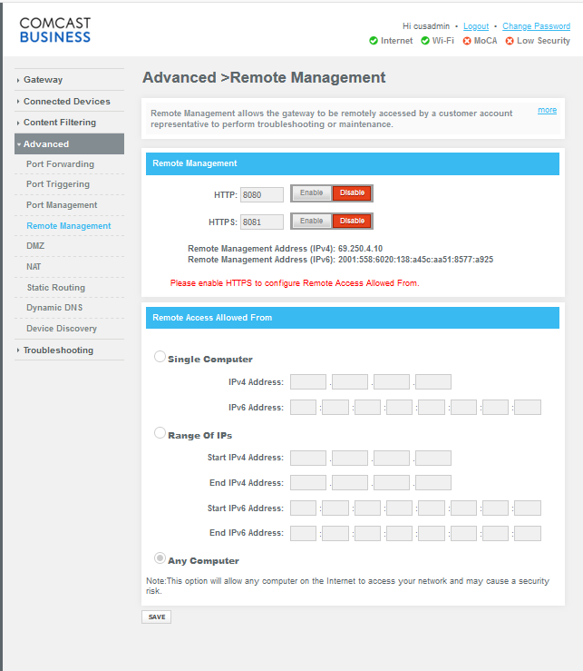 comcast business router login