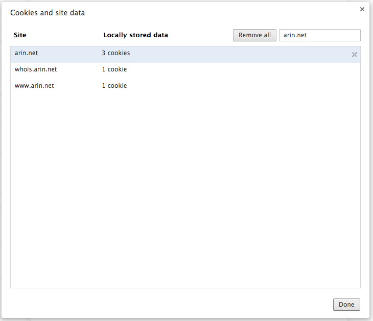Chrome cookies for arin.net