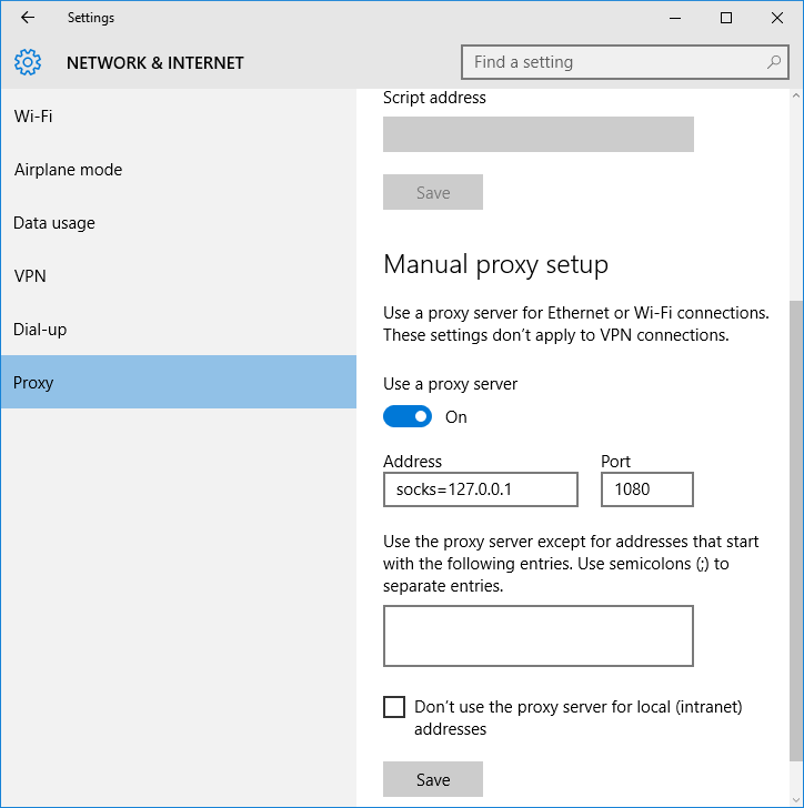 Windows 10 manual proxy setup