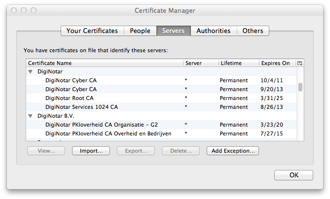 Firefox Certificate Manager - Servers