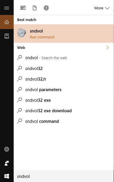 Cortana - search for sndvol