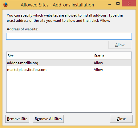 Firefox allowed sites for add-ons