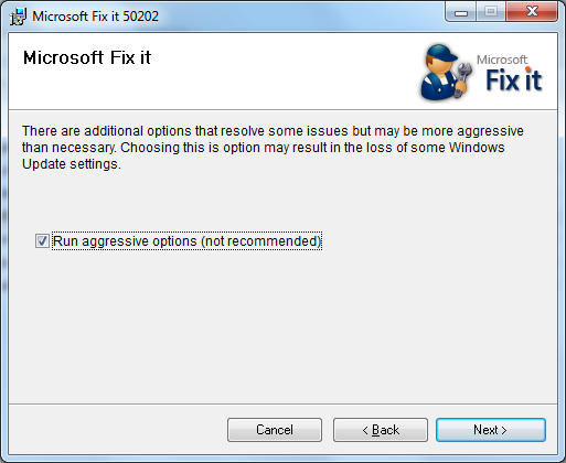 Microsoft Fix it aggressive options
