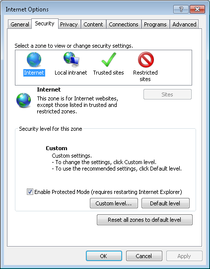 IE Internet Options Security tab