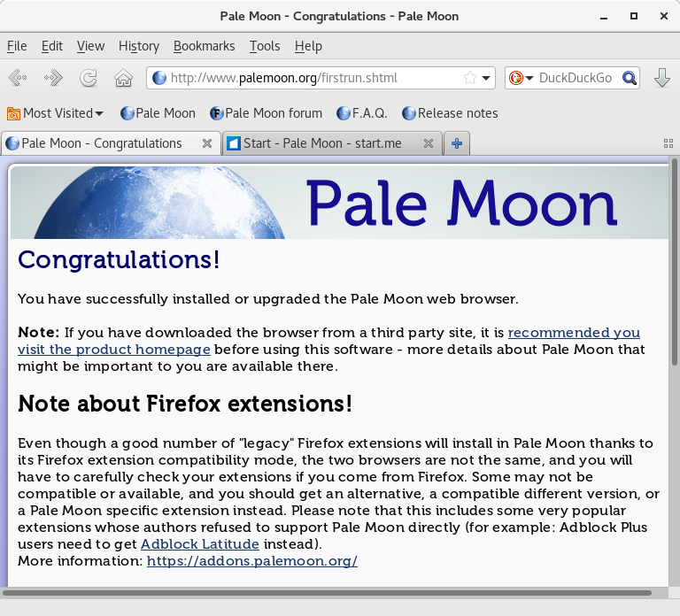 Pale Moon browser first run