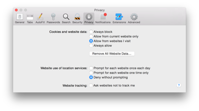 Safari Privacy menu