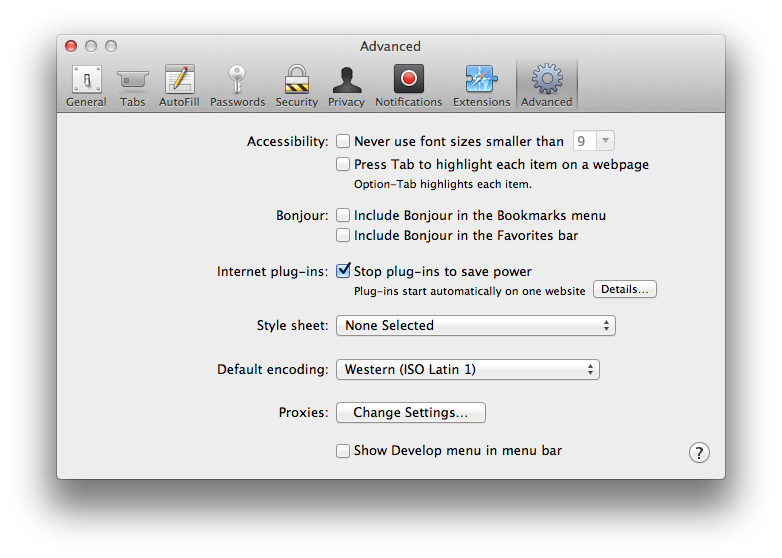 Safari advanced
menu options