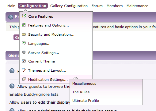 Menu option for configuring the rules