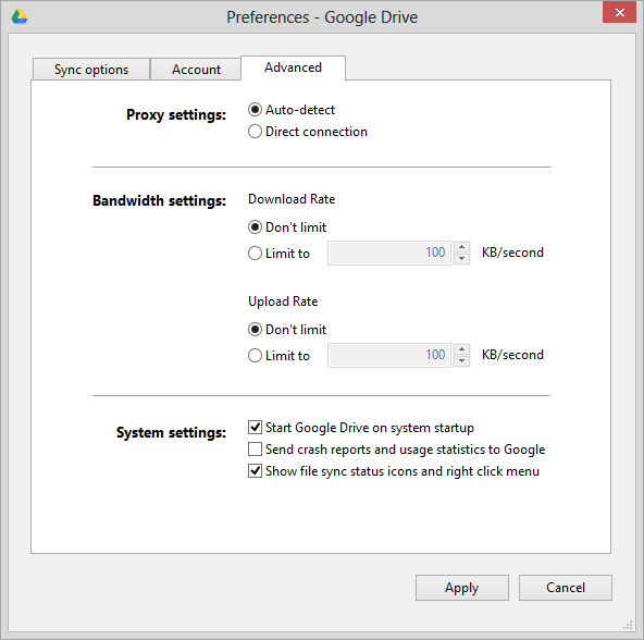 Google Drive advanced
preferences