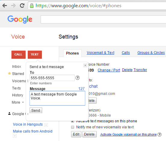 Google Voice - send text message