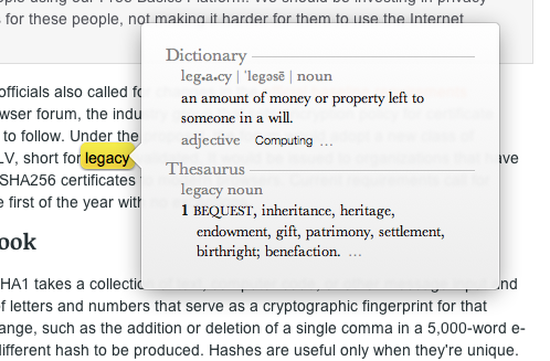 OS X dictionary lookup of legacy