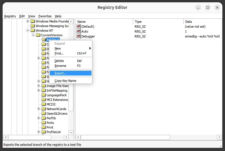 AeDebug export registry key