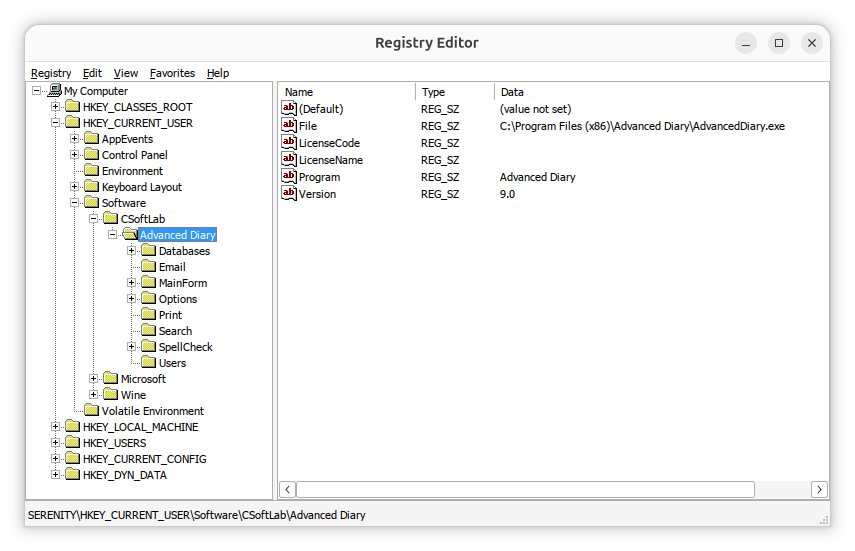 HKCU values for Advanced Diary registration