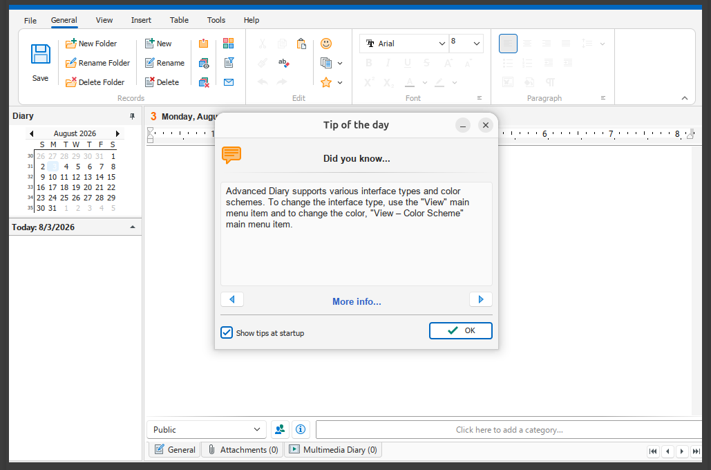 Advanced Diary 9.0 start window