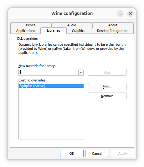 Wine configuration -
existing overrides
