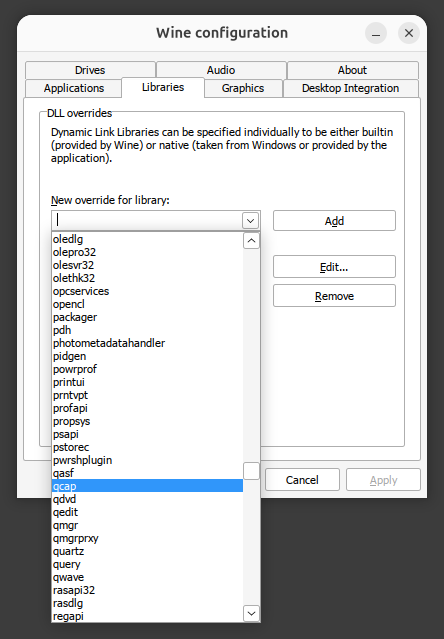 Wine configuration - select qcap