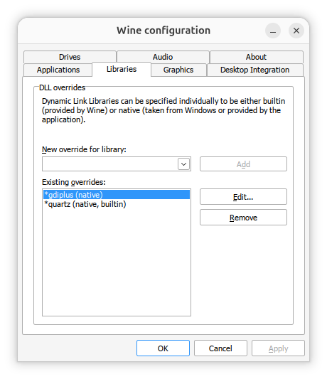 Wine configuration - 
gdiplus and quartz