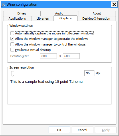Wine configuration - unchecked
Allow the window manager to control the windows