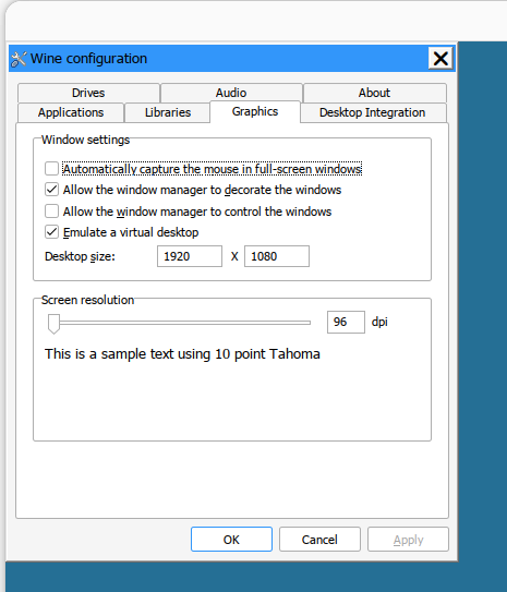 Wine configuration - Emulate a
virtual desktop