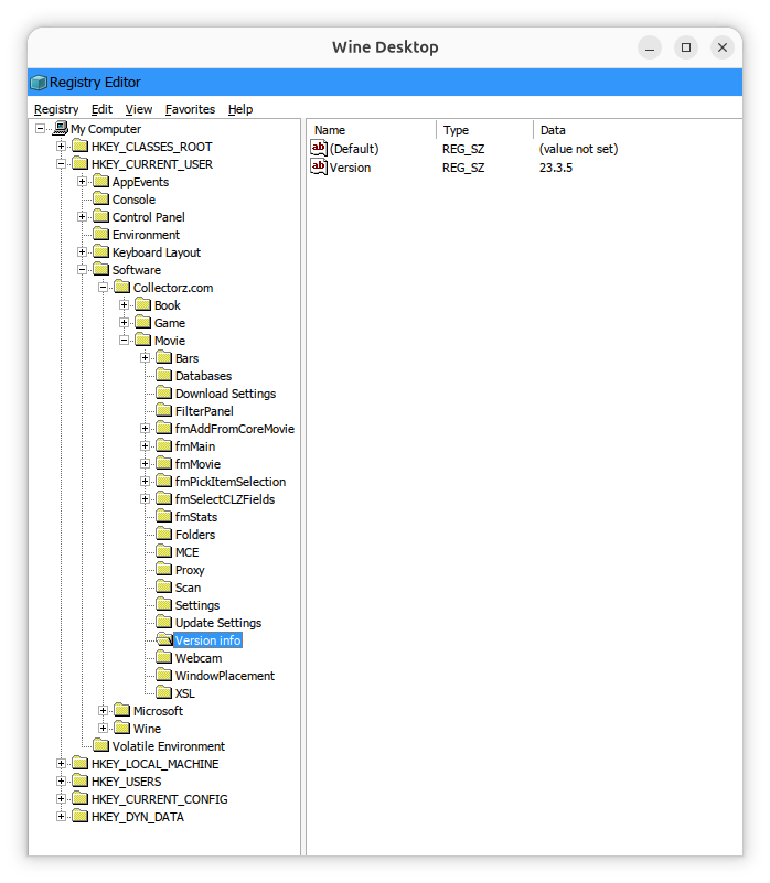 Wine -
Movie Collector registry keys