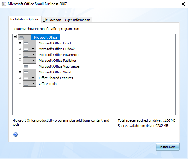 Office 2007 installation
options
