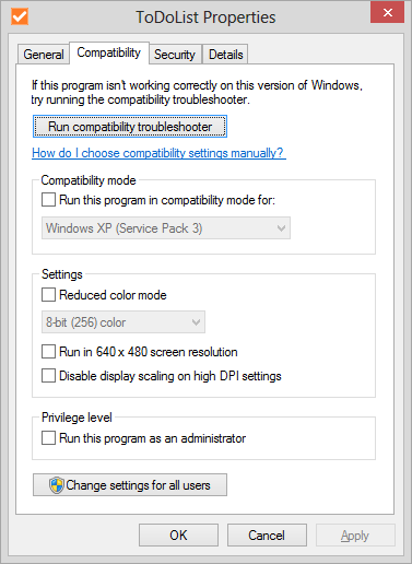 Compatibility mode - Windows XP