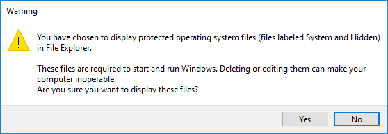 Windows 10 File Explorer warning for hidden and system files
