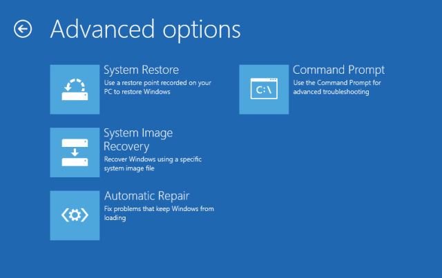 Windows 8 System Image Recovery Advanced Options