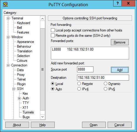 PuTTY - forwarding port 80