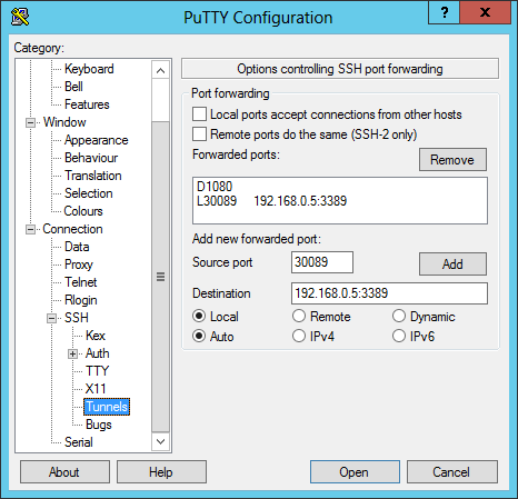 PuTTY Configuration - Port Forwarding