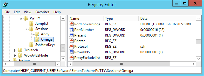 Regedit - PuTTY Port Forwardings