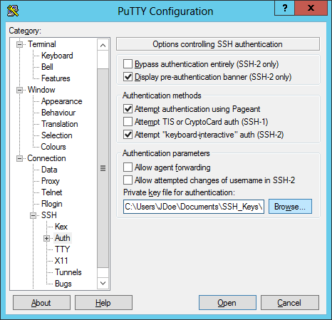 PuTTY Private Key Selected