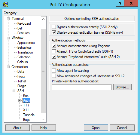PuTTY Configuration - SSH Auth