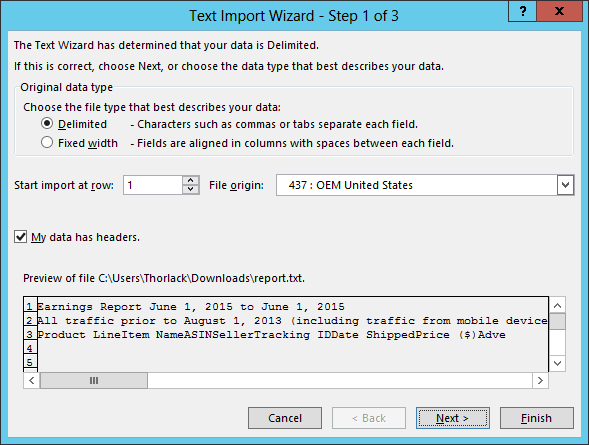 Text Import Wizard Step 1 of 3