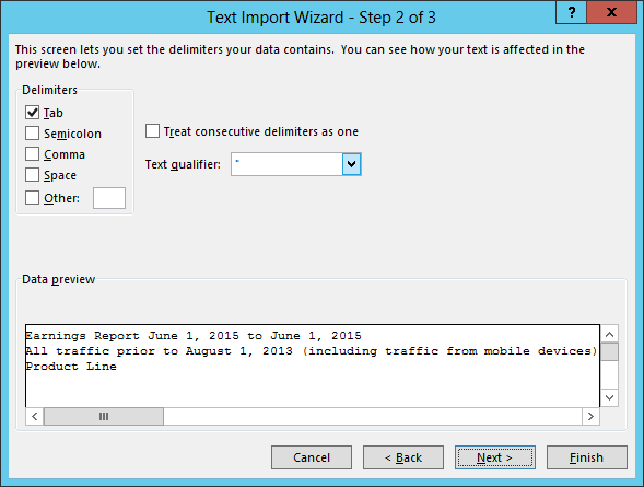 Text Import Wizard Step 2 of 3