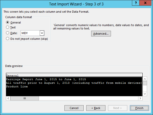 Text Import Wizard Step 3 of 3
