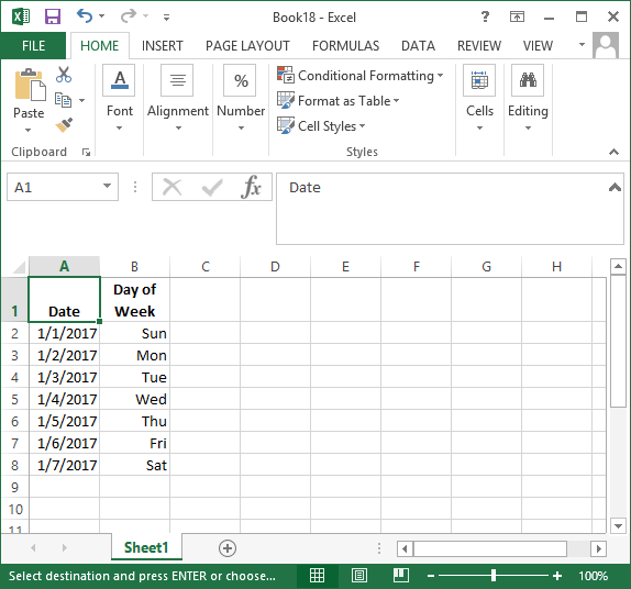 Excel 2013 dates with days of the week