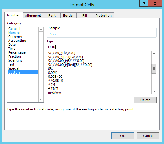 Excel 2013 - format cells for day of week